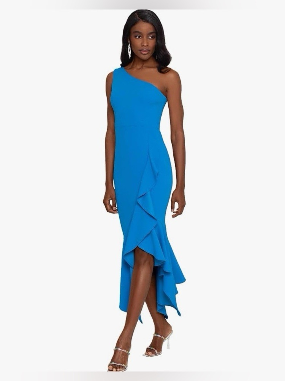 Xscape One-Shoulder Ruffle Midi Dress in Bright Blue
